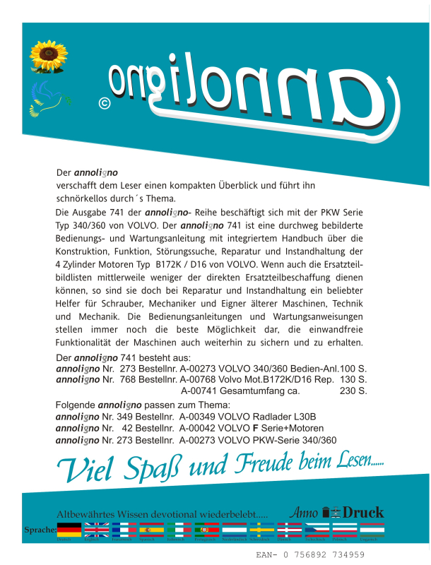 VOLVO PKW Serie Typ 340/360 & 4 Zylinder Motoren Typ  B172K / D16 Bild –Beschreibung & Einstellanleitung & Wartungsanweisung & Reparaturanleitung - annoligno 741